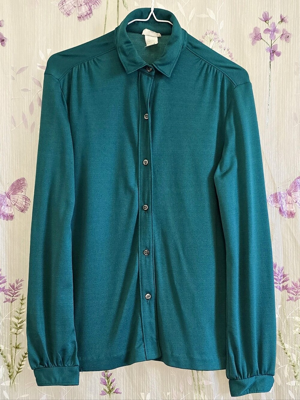 1980s Vintage Shirt 80s Button Down Vera Neumann Blouse Blue Green Medium Large